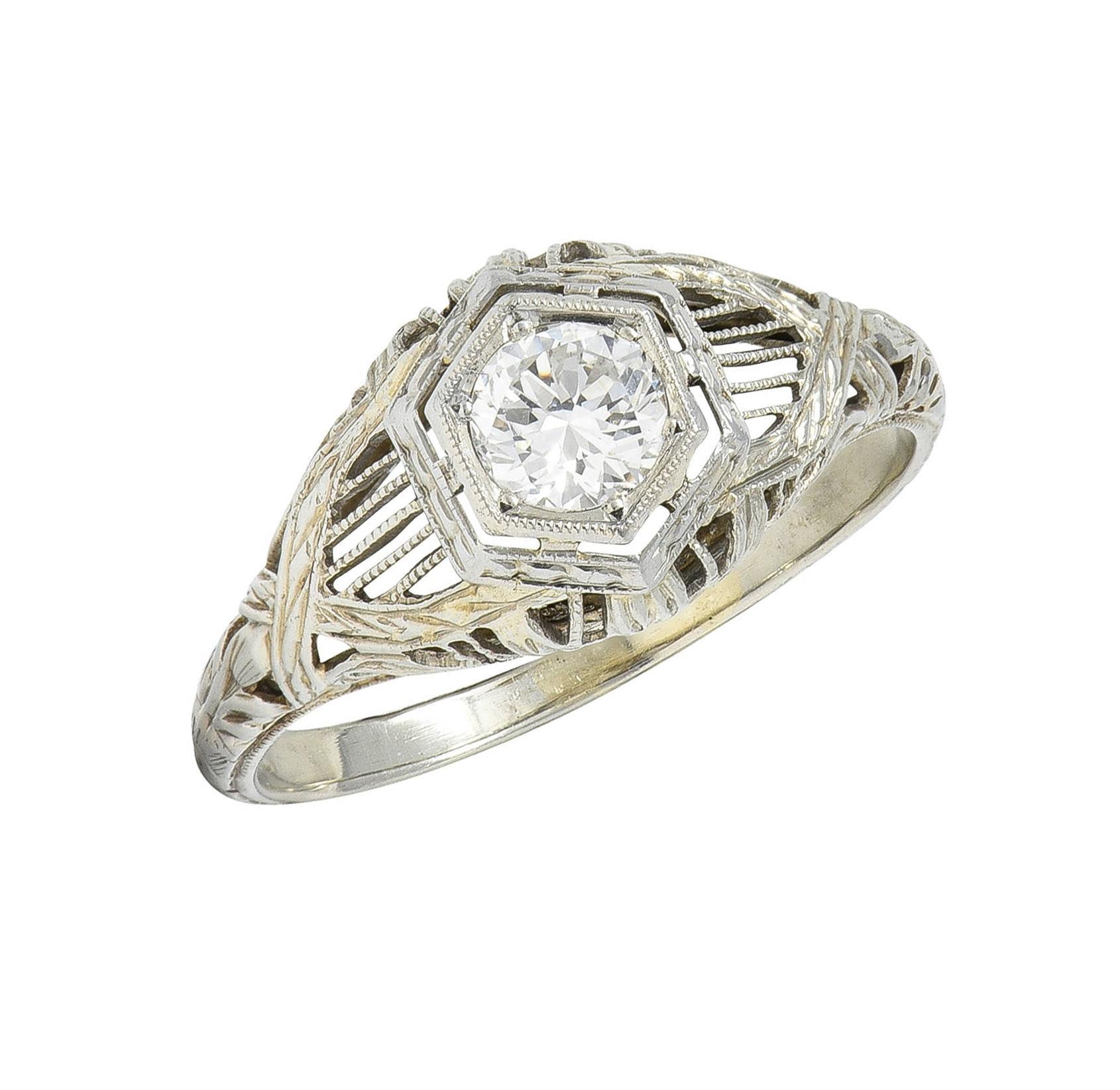 Art Deco 0.33 CTW Diamond 18 Karat White Gold Wheat Hexagonal Engagement Ring For Sale 3