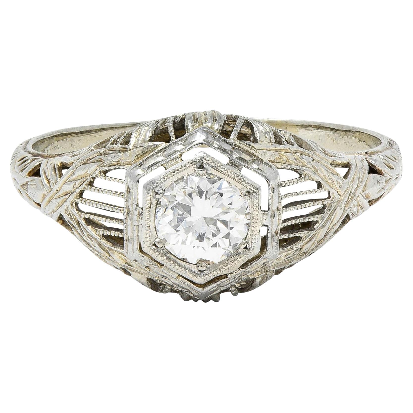 Art Deco 0.33 CTW Diamond 18 Karat White Gold Wheat Hexagonal Engagement Ring For Sale