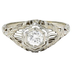 Sechseckiger Art Deco 0,33 CTW Diamant-Verlobungsring aus 18 Karat Weißgold Weizen