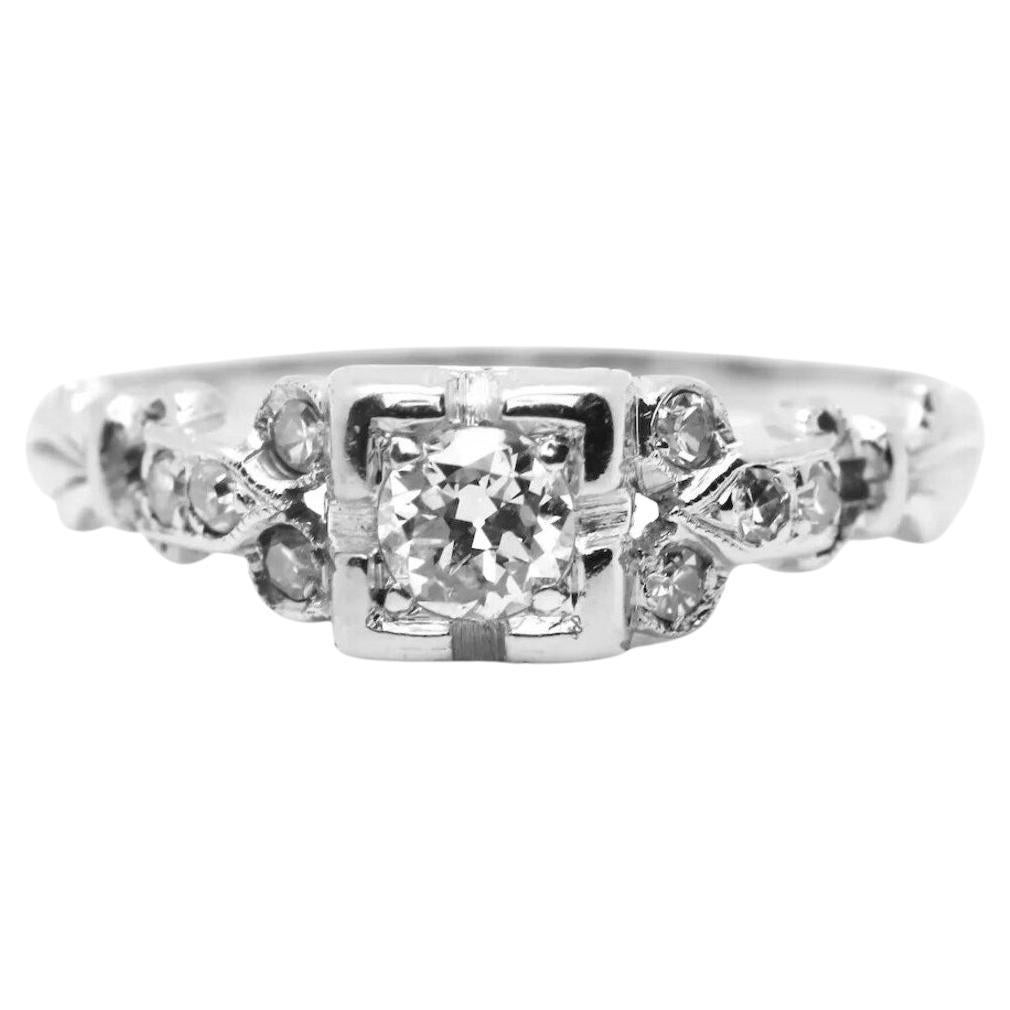 Art Deco 0.34ctw Old Euro Cut Diamond Engagement Ring in 18K White Gold For Sale