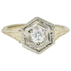 Antique Art Deco 0.35 Carat Diamond Platinum 18 Karat Gold Hexagonal Engagement Ring