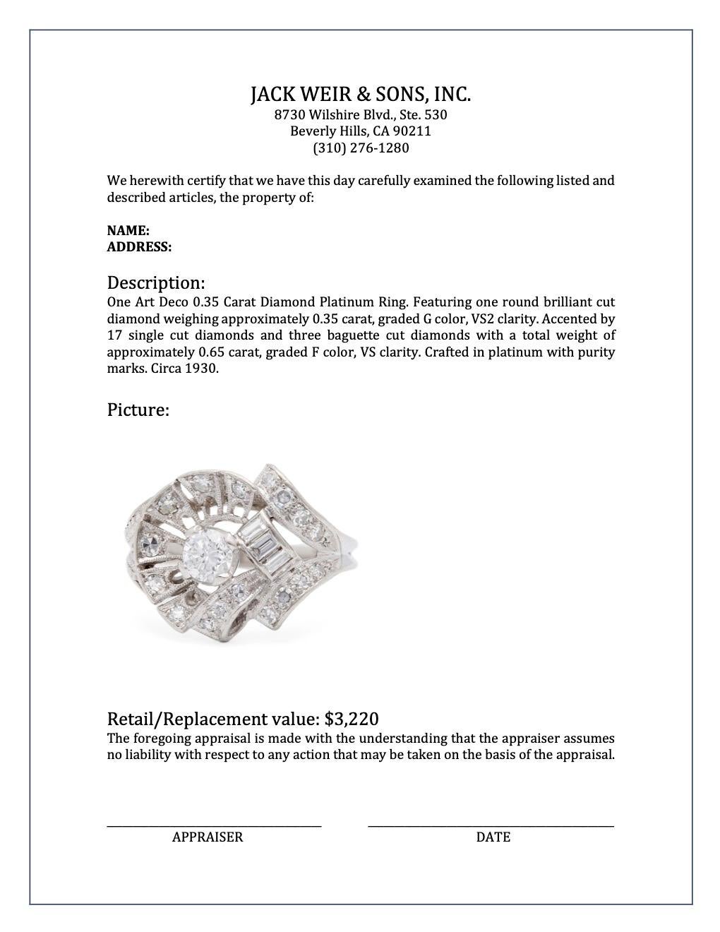 Art Deco 0.35 Karat Diamant-Platin-Ring 1