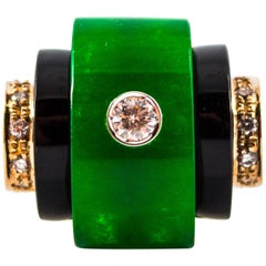 Art Deco 0.35 Carat White Diamond Onyx Jade Yellow Gold Cocktail Ring