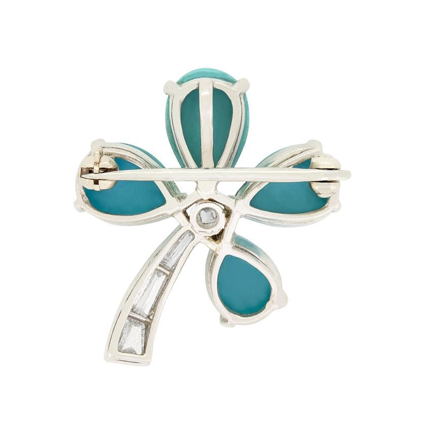 Cabochon Art Deco 0.35ct Diamond and Turquoise Brooch, c.1930s For Sale