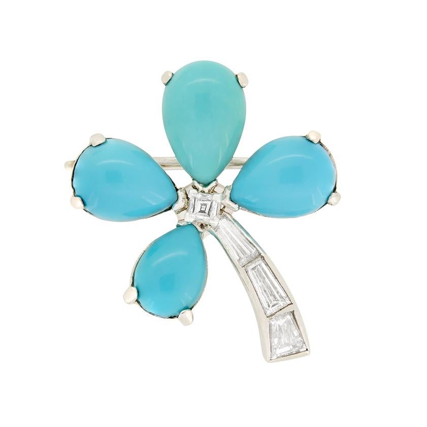Art Deco 0.35ct Diamond and Turquoise Brooch, c.1930s In Good Condition For Sale In London, GB