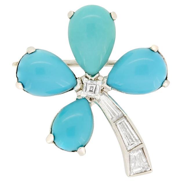 Art Deco 0.35ct Diamond and Turquoise Brooch, c.1930s For Sale