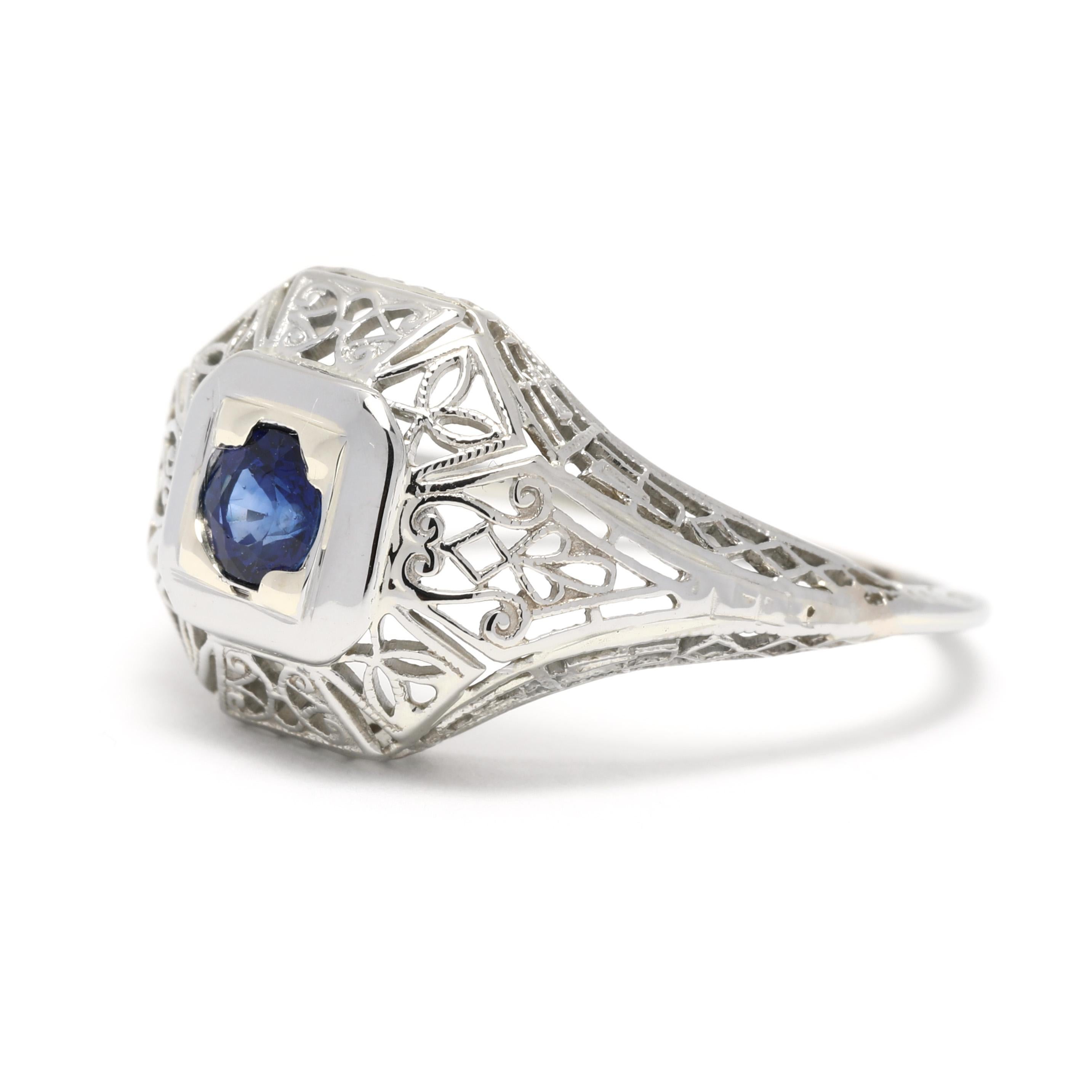 Round Cut Art Deco 0.35ctw Sapphire Filigree Cocktail Ring, 14K White Gold, Ring For Sale