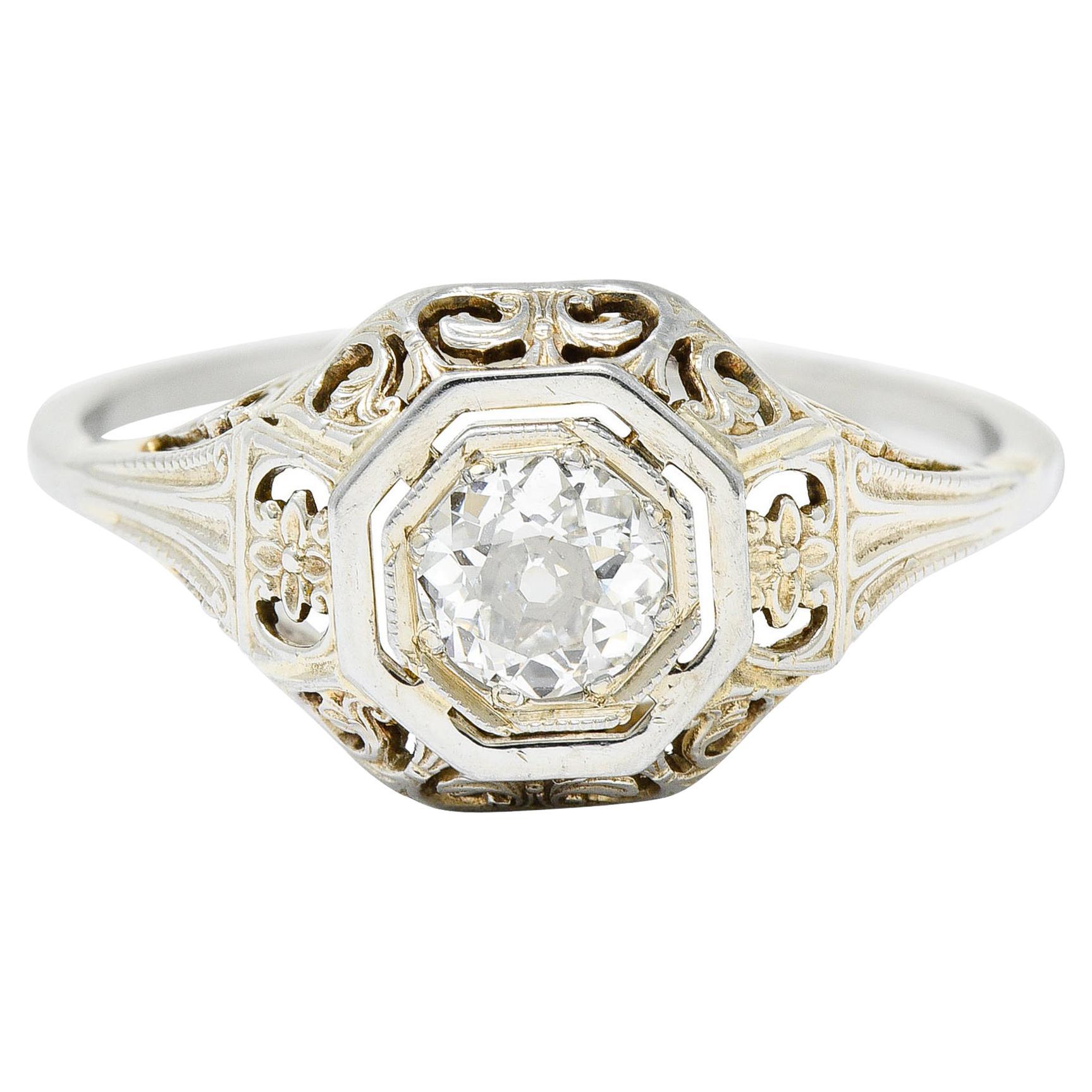 Art Deco 0.55 Carat Diamond 18 Karat White Gold Geometric Engagement ...
