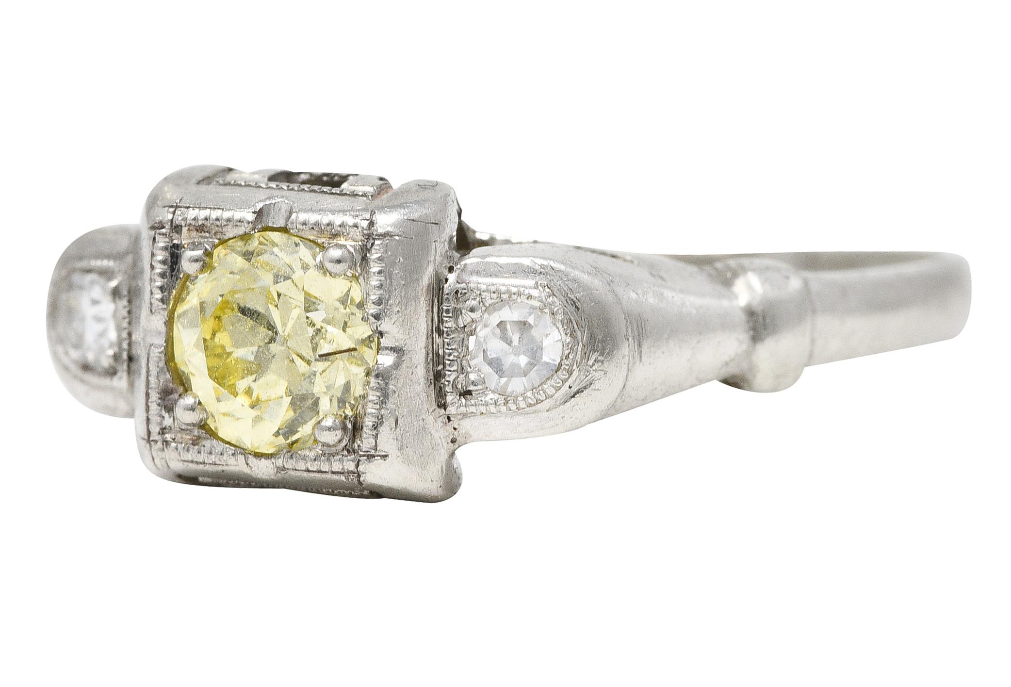 Art Deco 0.36 Carat Fancy Yellow Diamond Platinum Engagement Ring In Excellent Condition In Philadelphia, PA