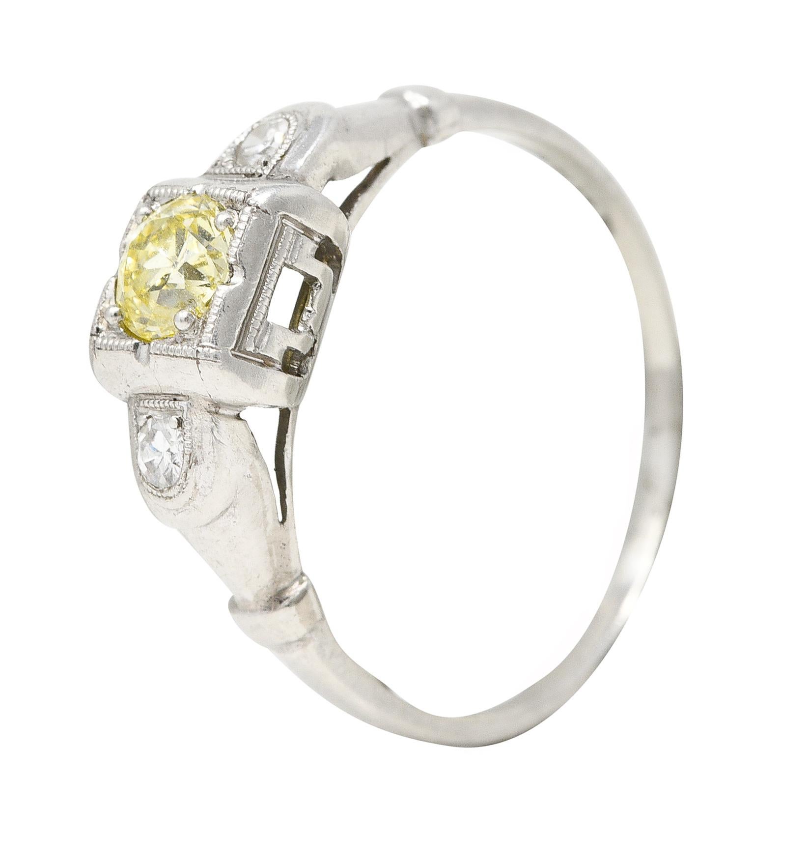 Art Deco 0.36 Carat Fancy Yellow Diamond Platinum Engagement Ring 2