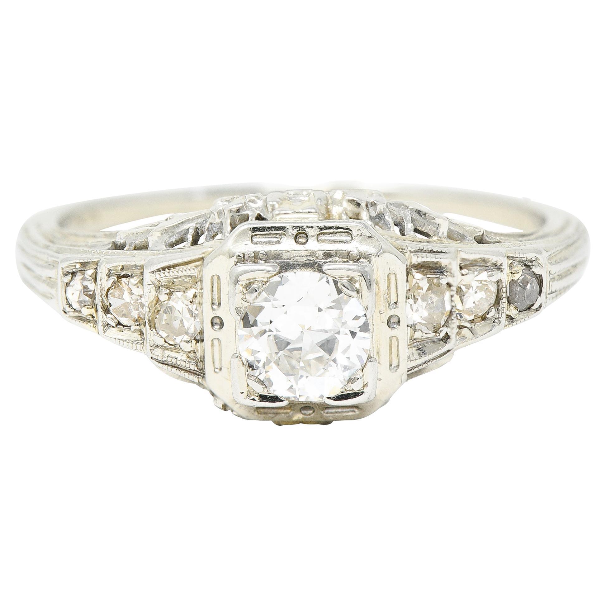 Art Deco 0.36 Carats European Cut Diamond 18 Karat White Gold Engagement Ring