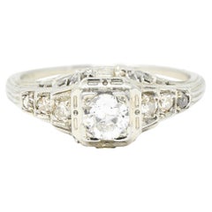 Art Deco 0.36 Carats European Cut Diamond 18 Karat White Gold Engagement Ring