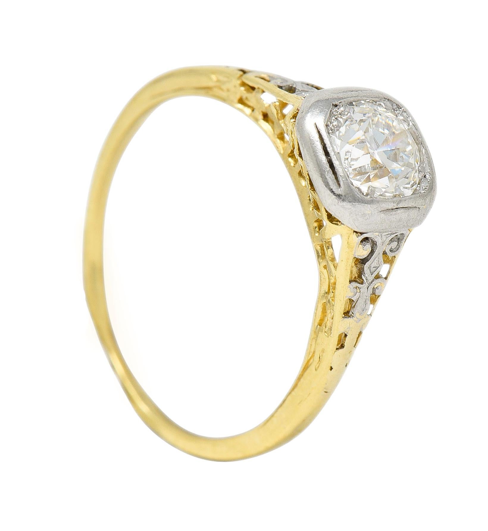 Art Deco 0.36 CTW Platinum 18 Karat Yellow Gold Volute Vintage Engagement Ring For Sale 5