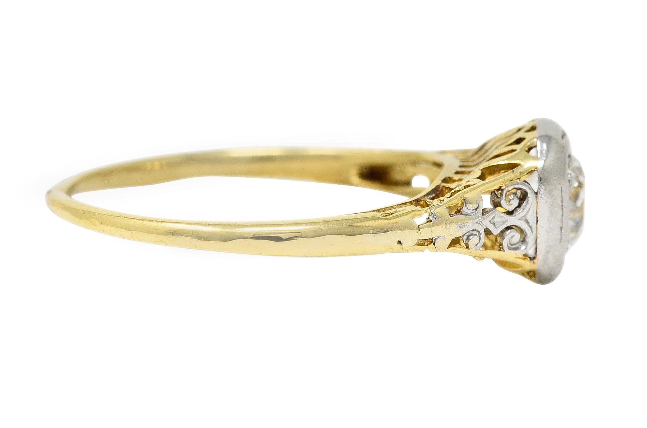 Old European Cut Art Deco 0.36 CTW Platinum 18 Karat Yellow Gold Volute Vintage Engagement Ring For Sale