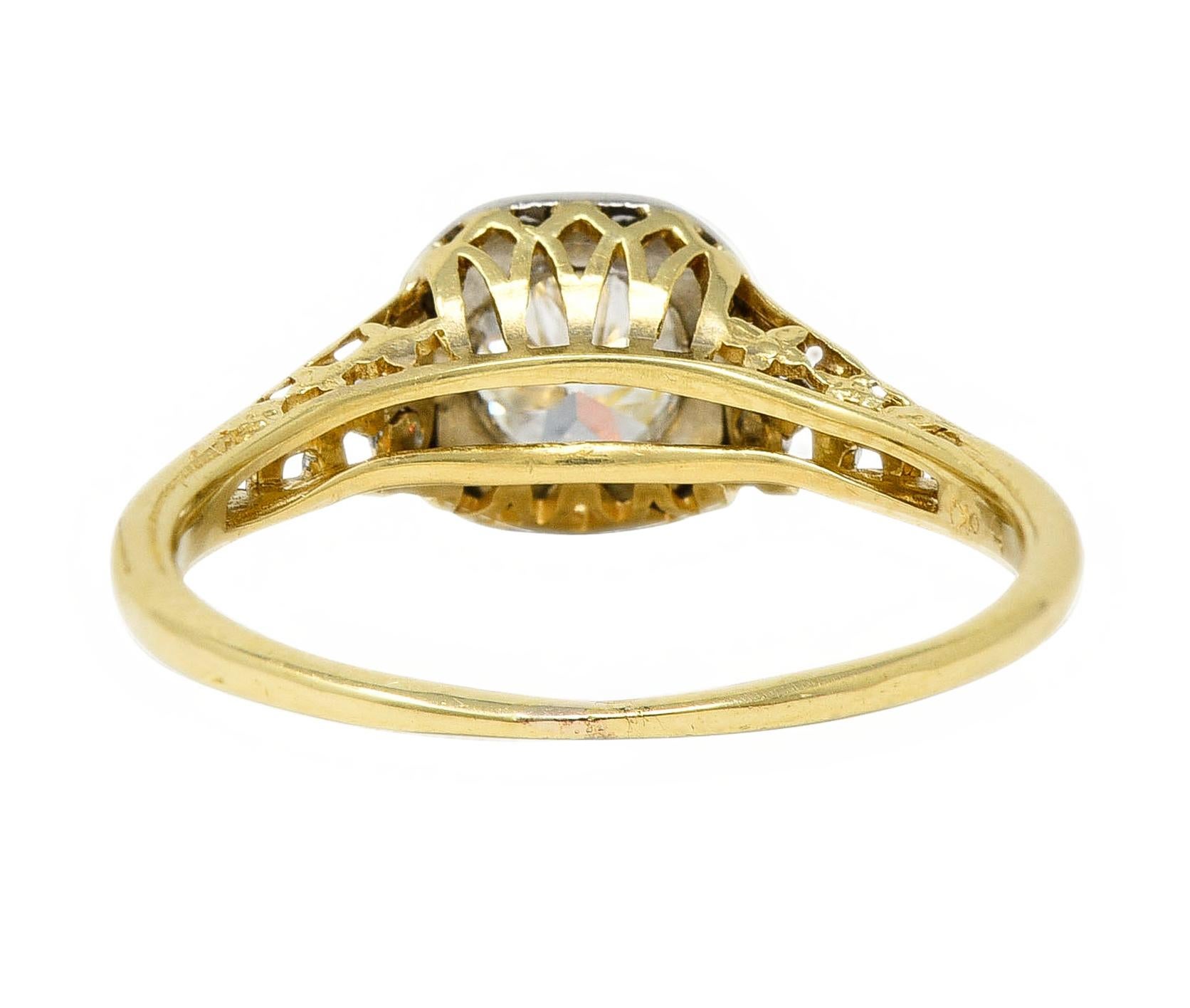 Art Deco 0.36 CTW Platinum 18 Karat Yellow Gold Volute Vintage Engagement Ring In Excellent Condition For Sale In Philadelphia, PA