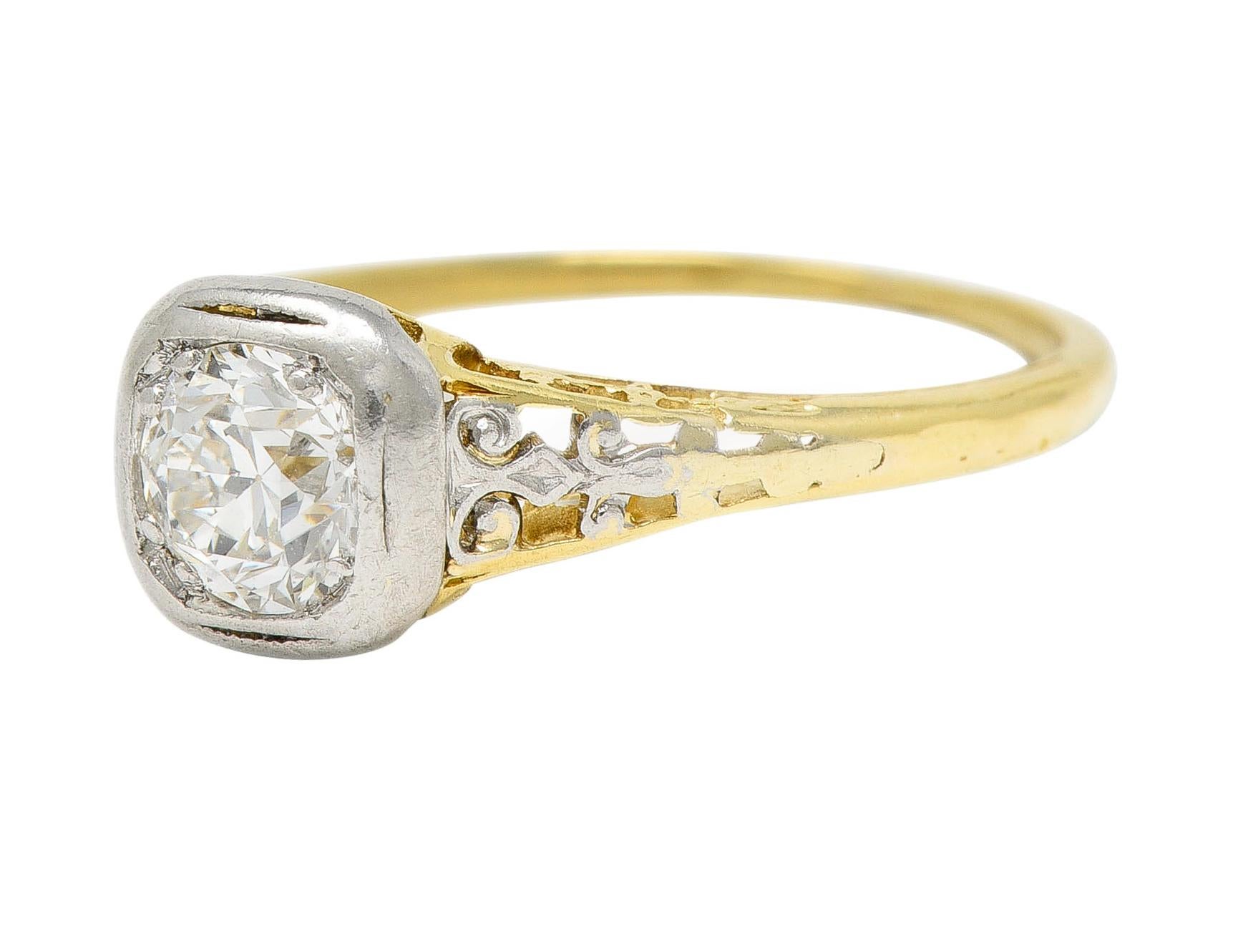 Art Deco 0.36 CTW Platinum 18 Karat Yellow Gold Volute Vintage Engagement Ring For Sale 1