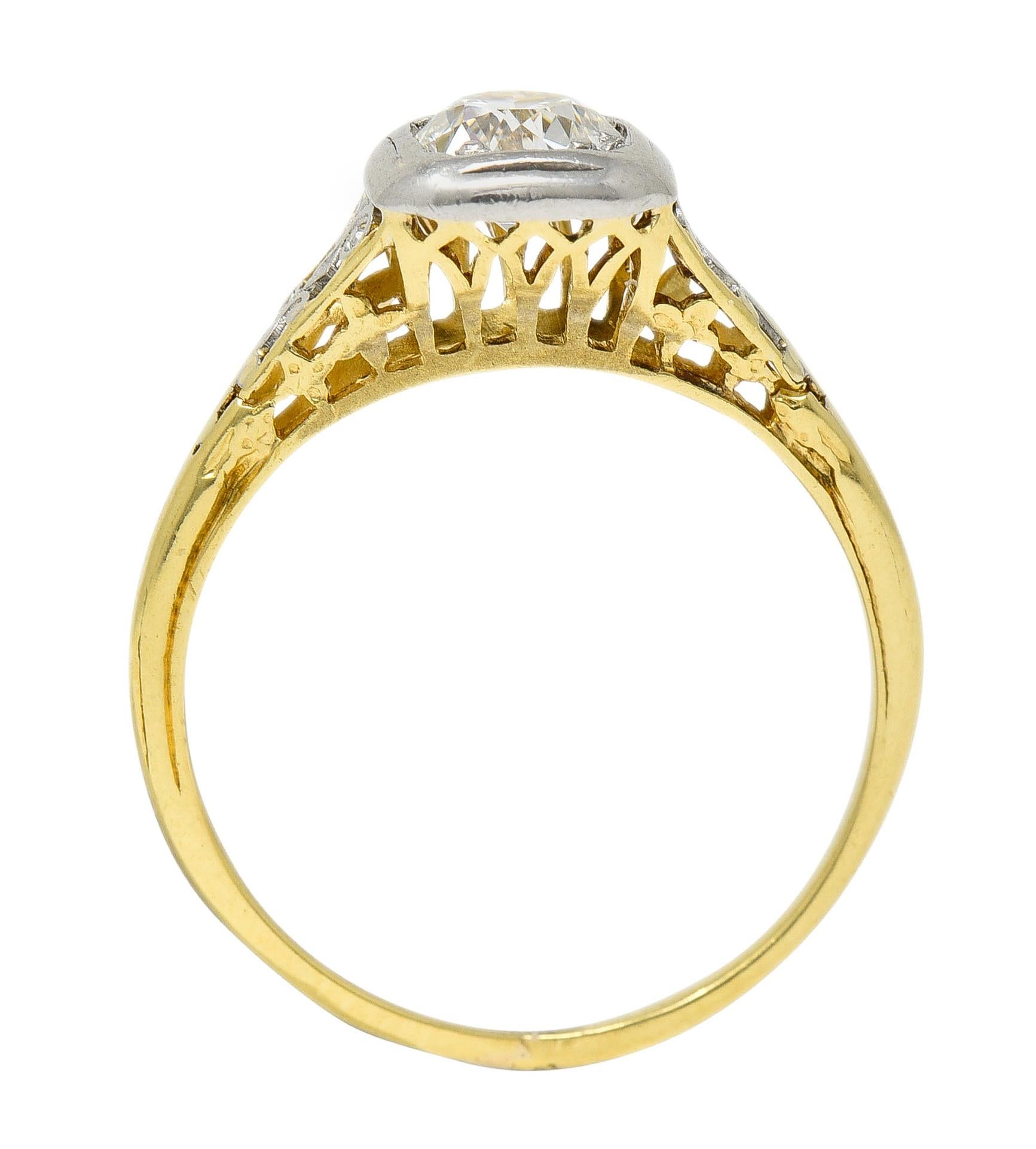 Art Deco 0.36 CTW Platinum 18 Karat Yellow Gold Volute Vintage Engagement Ring For Sale 2