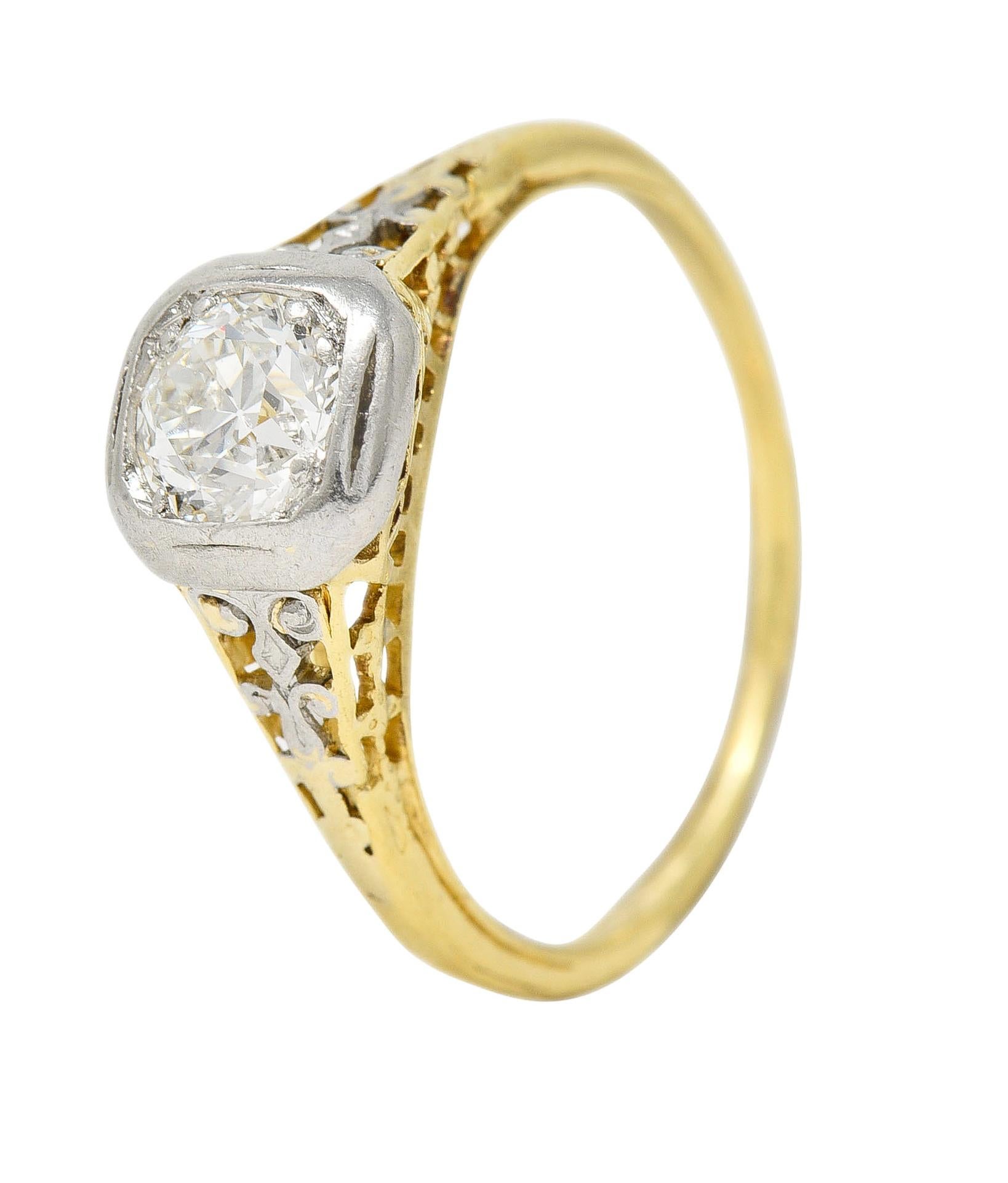 Art Deco 0.36 CTW Platinum 18 Karat Yellow Gold Volute Vintage Engagement Ring For Sale 4