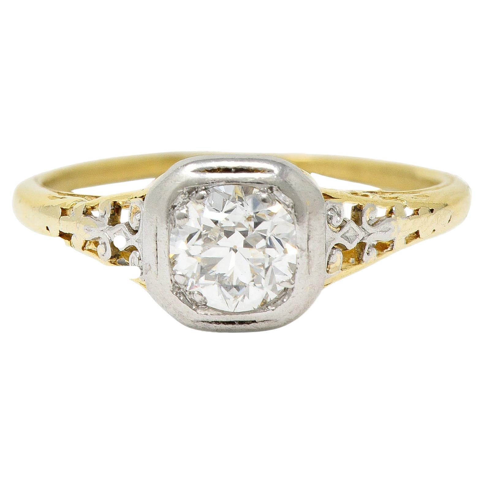 Bague de fiançailles vintage Art déco en or jaune 18 carats et platine avec volute de 0,36 carat poids total