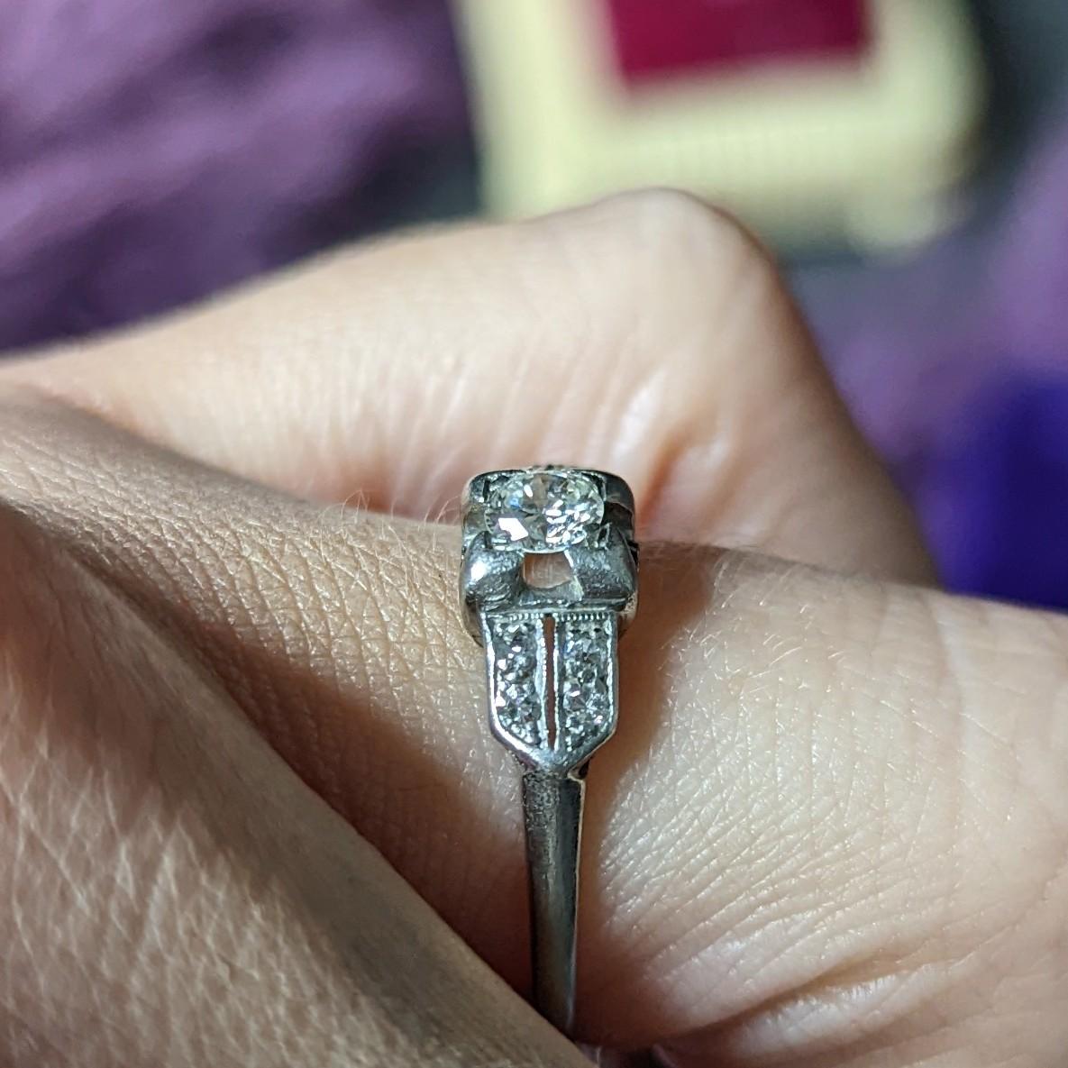 Art Deco 0.37 Carat Diamond Platinum Pyramidal Antique Engagement Ring For Sale 7