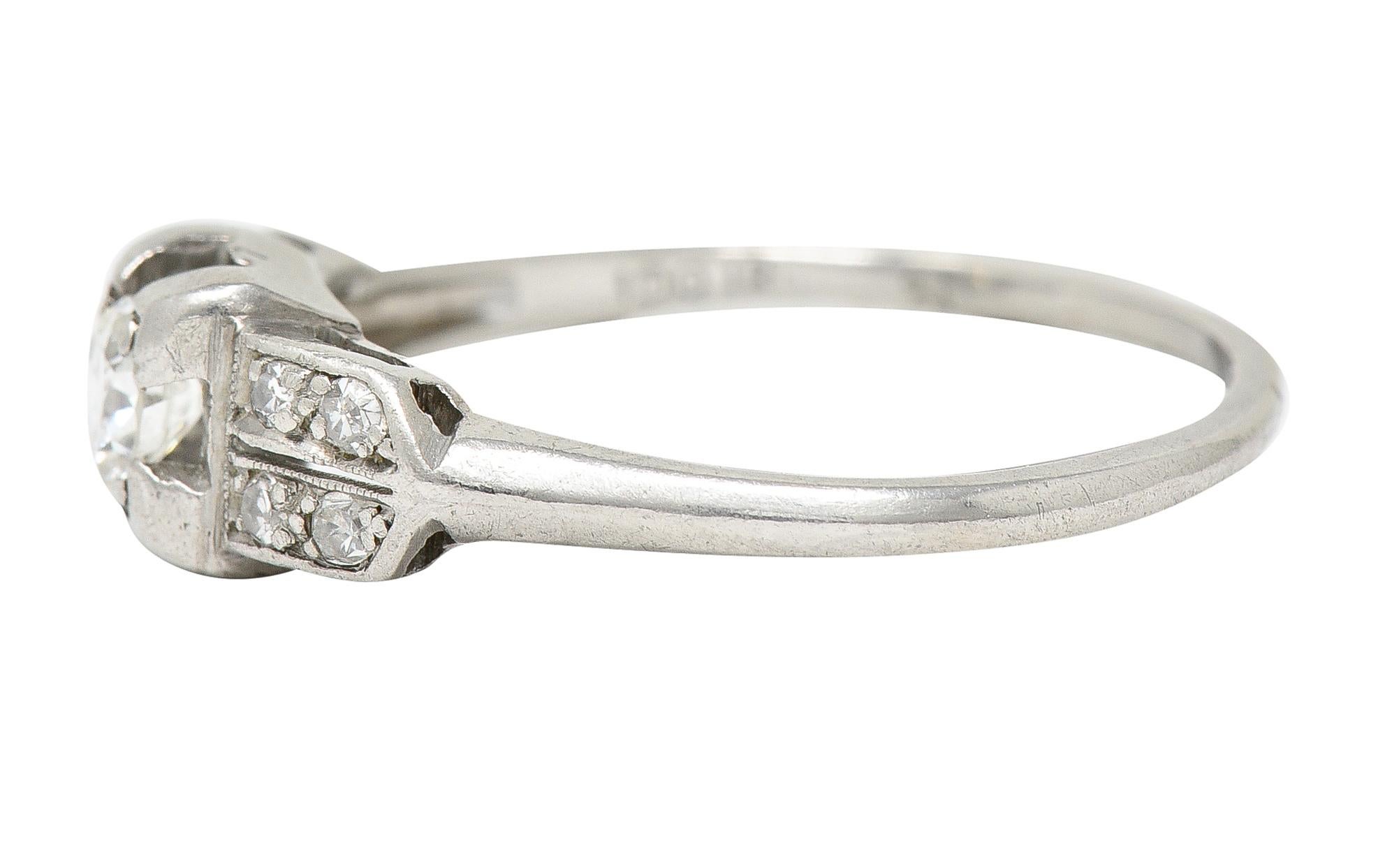 Art Deco 0.37 Carat Diamond Platinum Pyramidal Antique Engagement Ring In Excellent Condition For Sale In Philadelphia, PA