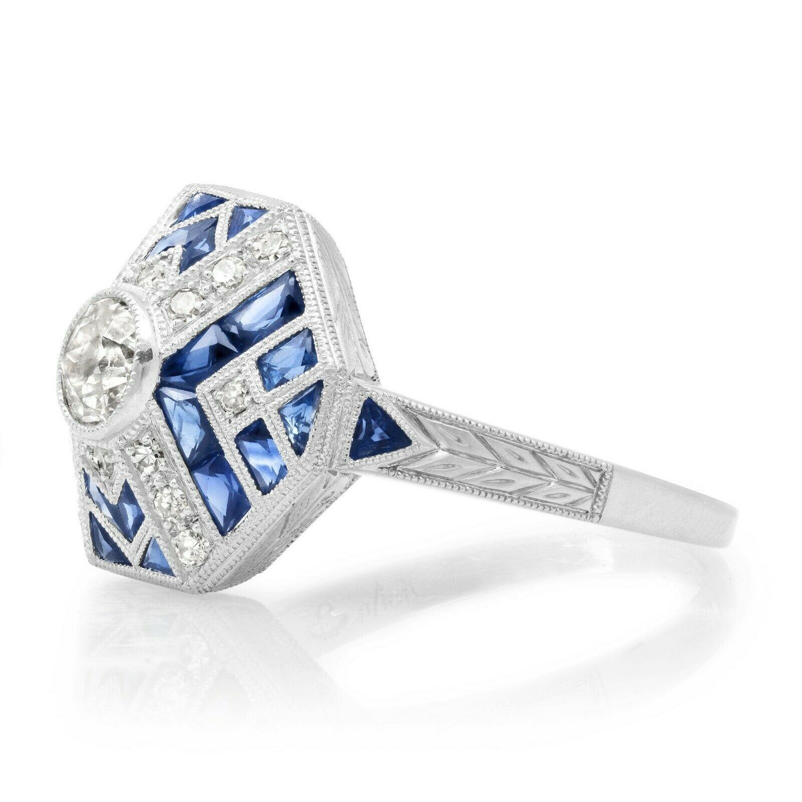 Round Cut Art Deco Style 0.38 CT Diamond French Sapphire 1.75 TCW Platinum Engagement Ring For Sale