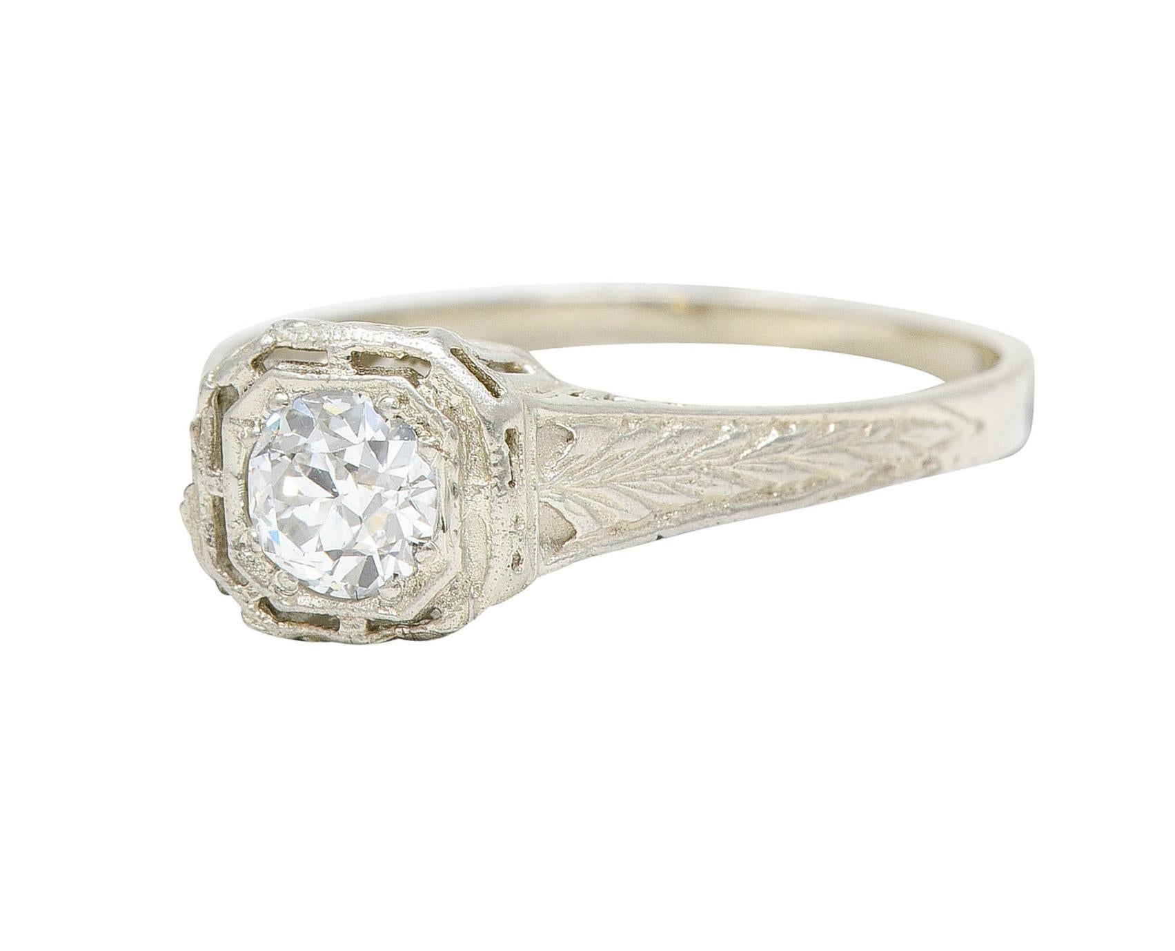 Women's or Men's Art Deco 0.39 Carat Diamond 14 Karat White Gold Wheat Engagement Ring