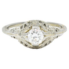 Anillo de compromiso Art Déco 0,39 CTW Diamante talla europea antigua Oro blanco 18 quilates