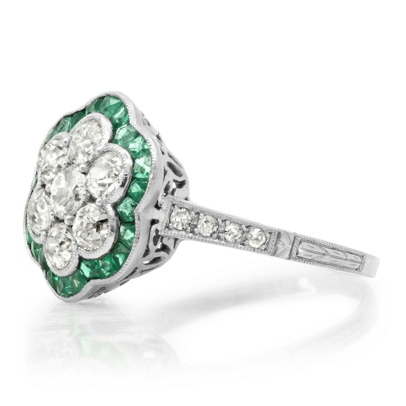 Diamond (1.22 total carat weight) and emerald (0.4 total carat weight) antique inspired cocktail ring in 900 platinum. The ring is designed and handmade locally in Los Angeles by Sage Designs L.A. using earth-mined and conflict free diamonds and