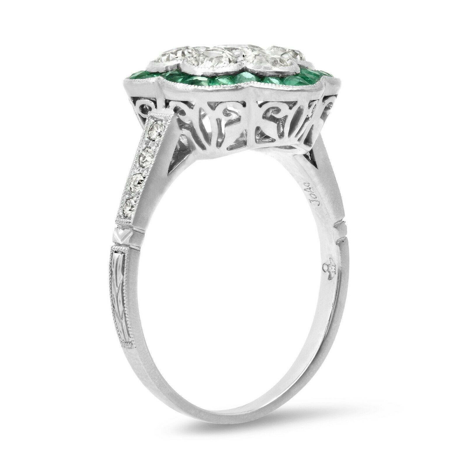 Round Cut Art Deco Style 0.4 CT Center Diamonds Emeralds 1.12 TCW Platinum Engagement Ring For Sale