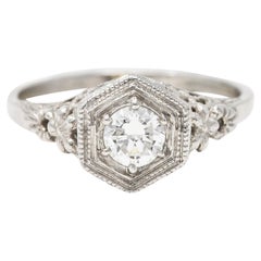 Art Deco 0.40 Carat Diamond 14 Karat White Gold Hexagonal Engagement Ring