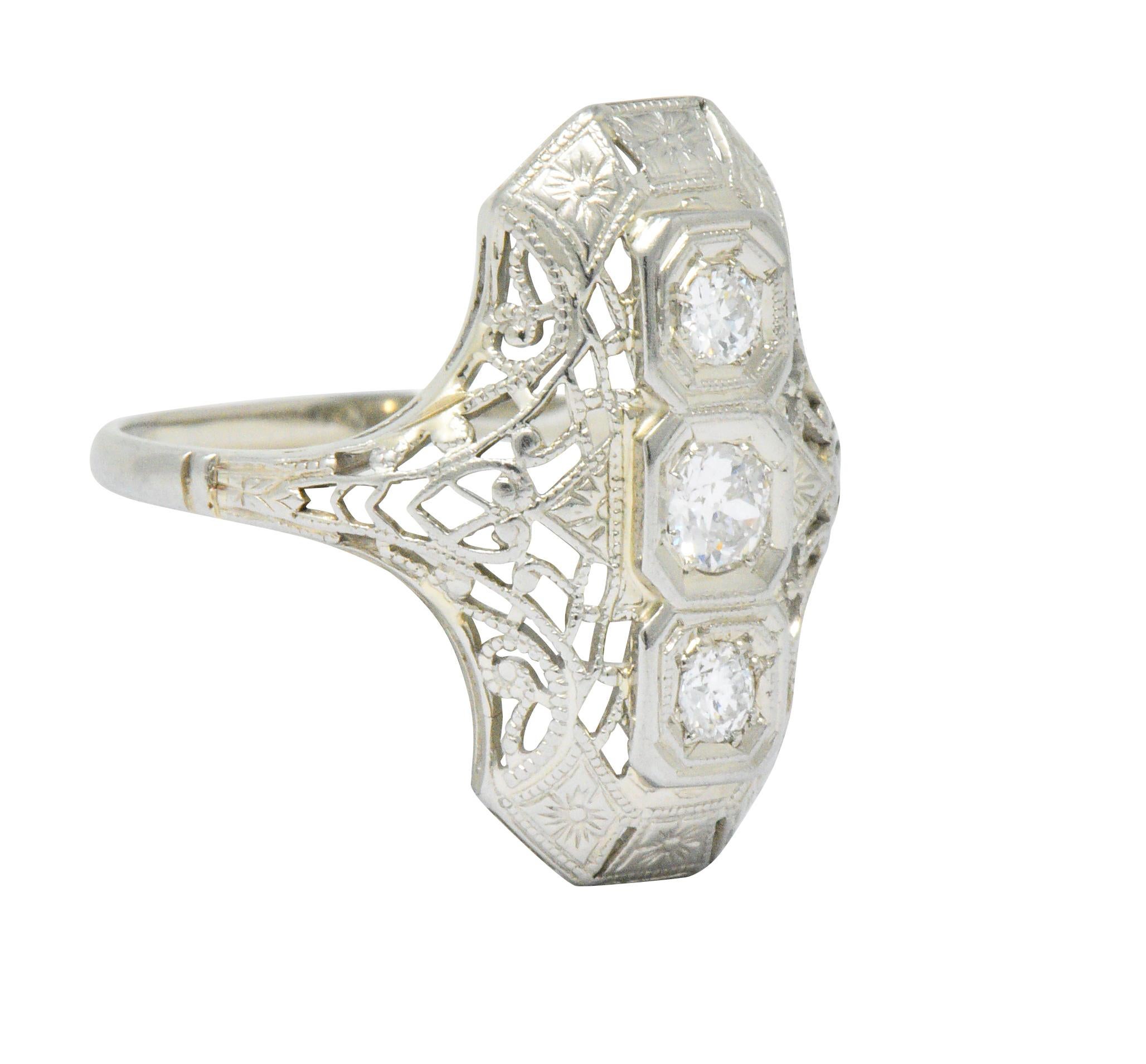 Old European Cut Art Deco 0.40 Carat Diamond 18 Karat White Gold Three Stone Dinner Ring