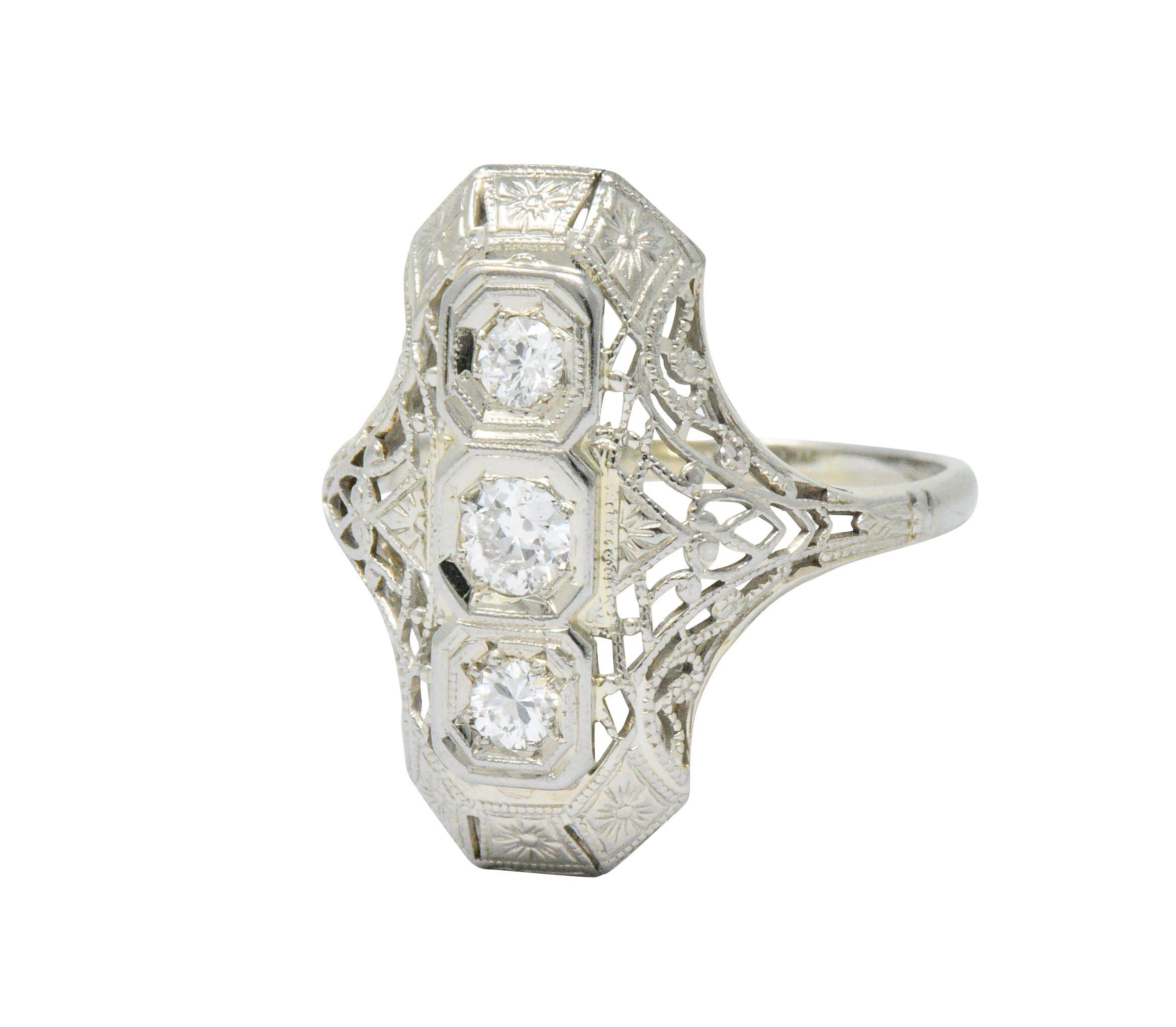 Women's or Men's Art Deco 0.40 Carat Diamond 18 Karat White Gold Three Stone Dinner Ring