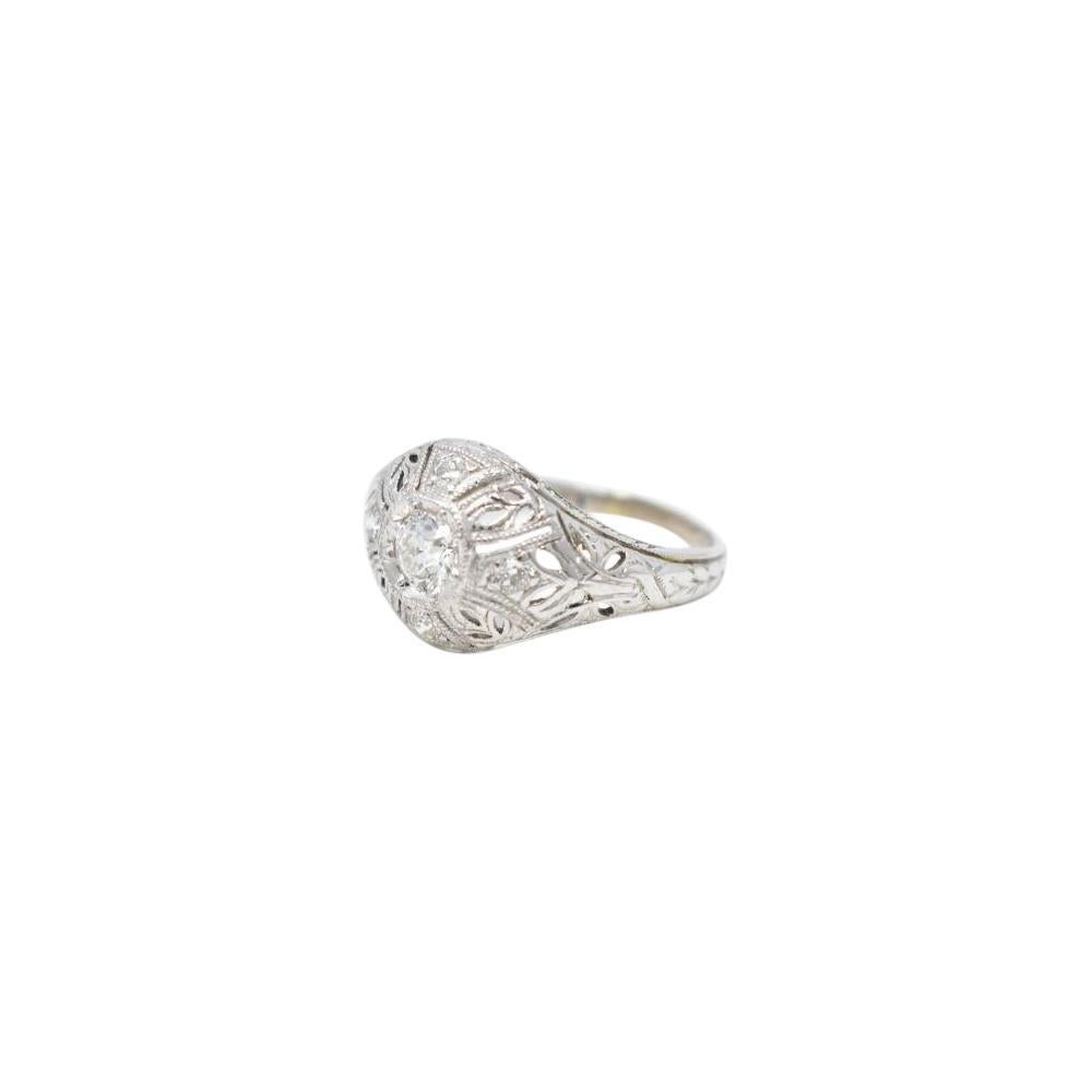 Women's or Men's Art Deco 0.40 Carat Diamond Filigree 18 Karat White Gold Engagement Ring
