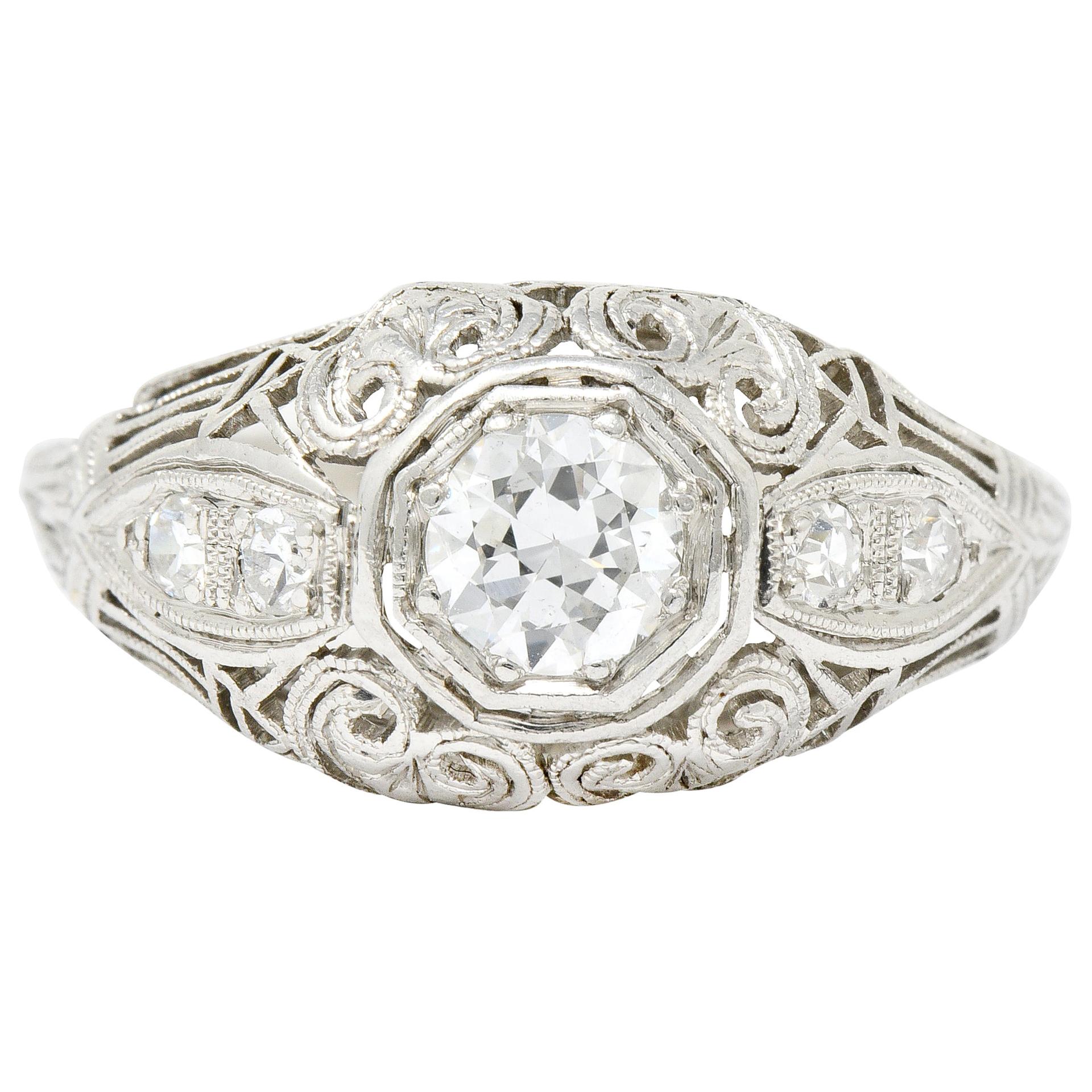 Art Deco 0.40 Carat Diamond Platinum Heart Filigree Dinner Ring