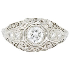 Vintage Art Deco 0.40 Carat Diamond Platinum Heart Filigree Dinner Ring