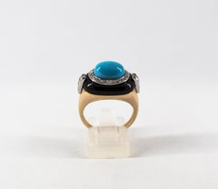 Art Deco 0.40 Carat White Diamond Turquoise Onyx Yellow Gold Cocktail Ring