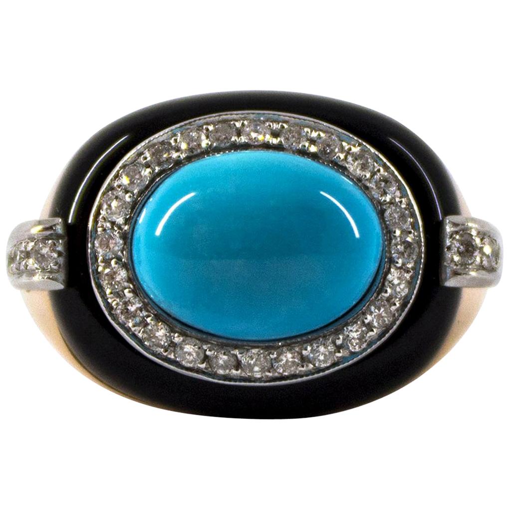 Bague cocktail en or jaune avec diamant blanc de 0::40 carat:: turquoise et onyx:: de style Art déco
