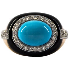 Art Deco Style 0.40 Carat White Diamond Turquoise Onyx Yellow Gold Cocktail Ring