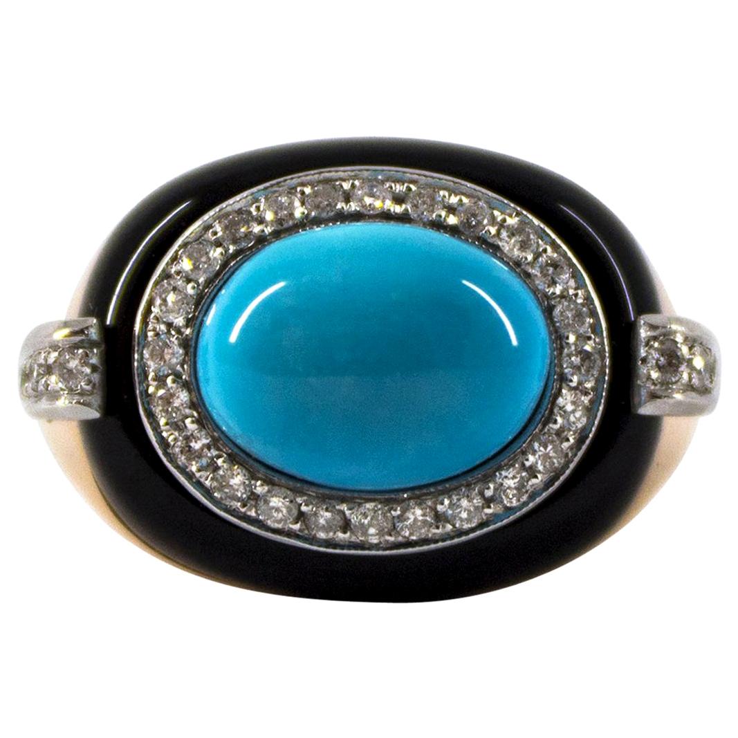 Art Deco 0.40 Carat White Diamond Turquoise Onyx Yellow Gold Cocktail Ring
