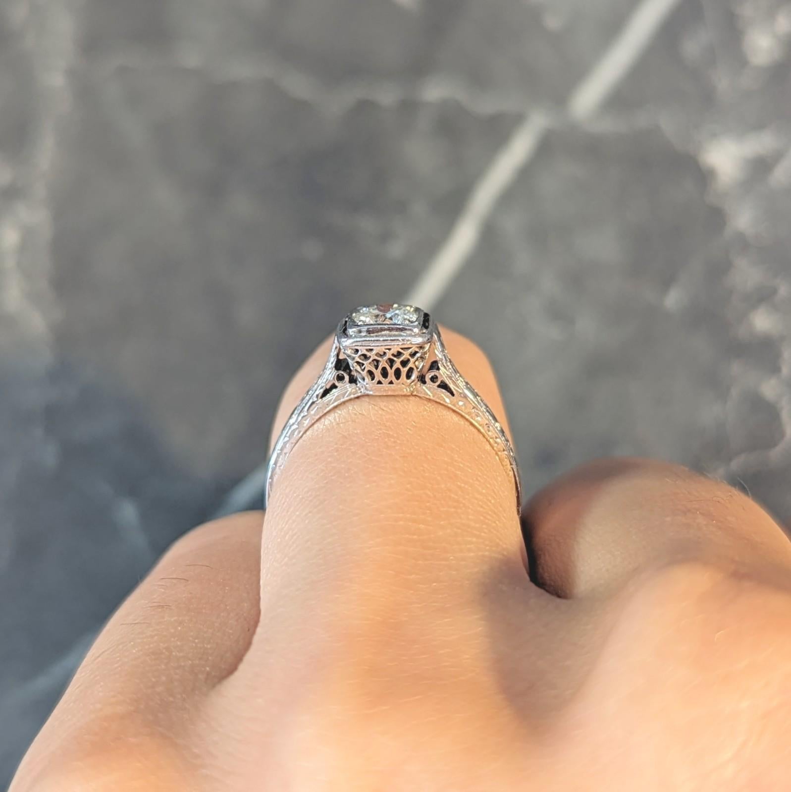 Art Deco 0.40 CTW Diamond 18 Karat White Gold Vintage Trellis Engagement Ring For Sale 6