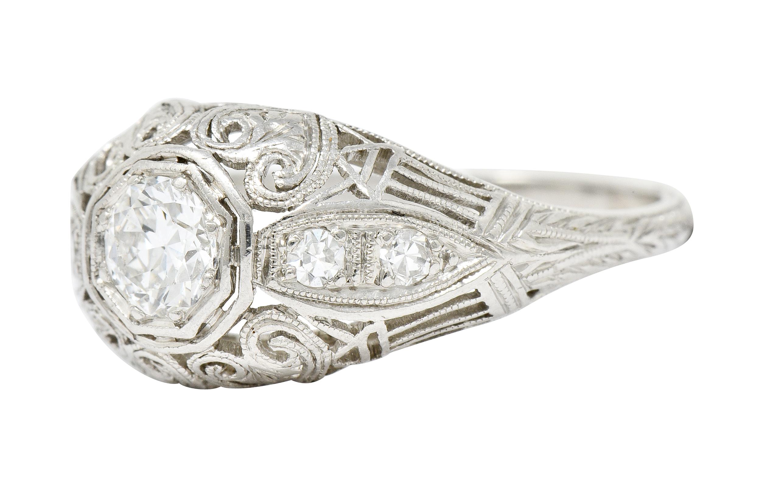 Art Deco 0.40 Carat Diamond Platinum Heart Filigree Dinner Ring 1