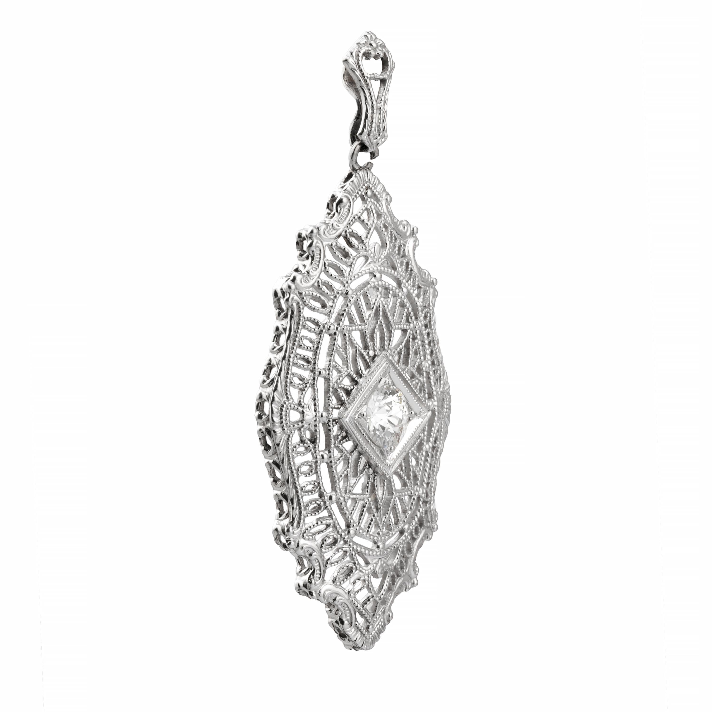Old European Cut Art Deco 0.40ct European Cut Diamond Filigree Pendant Necklace 14K White Gold For Sale