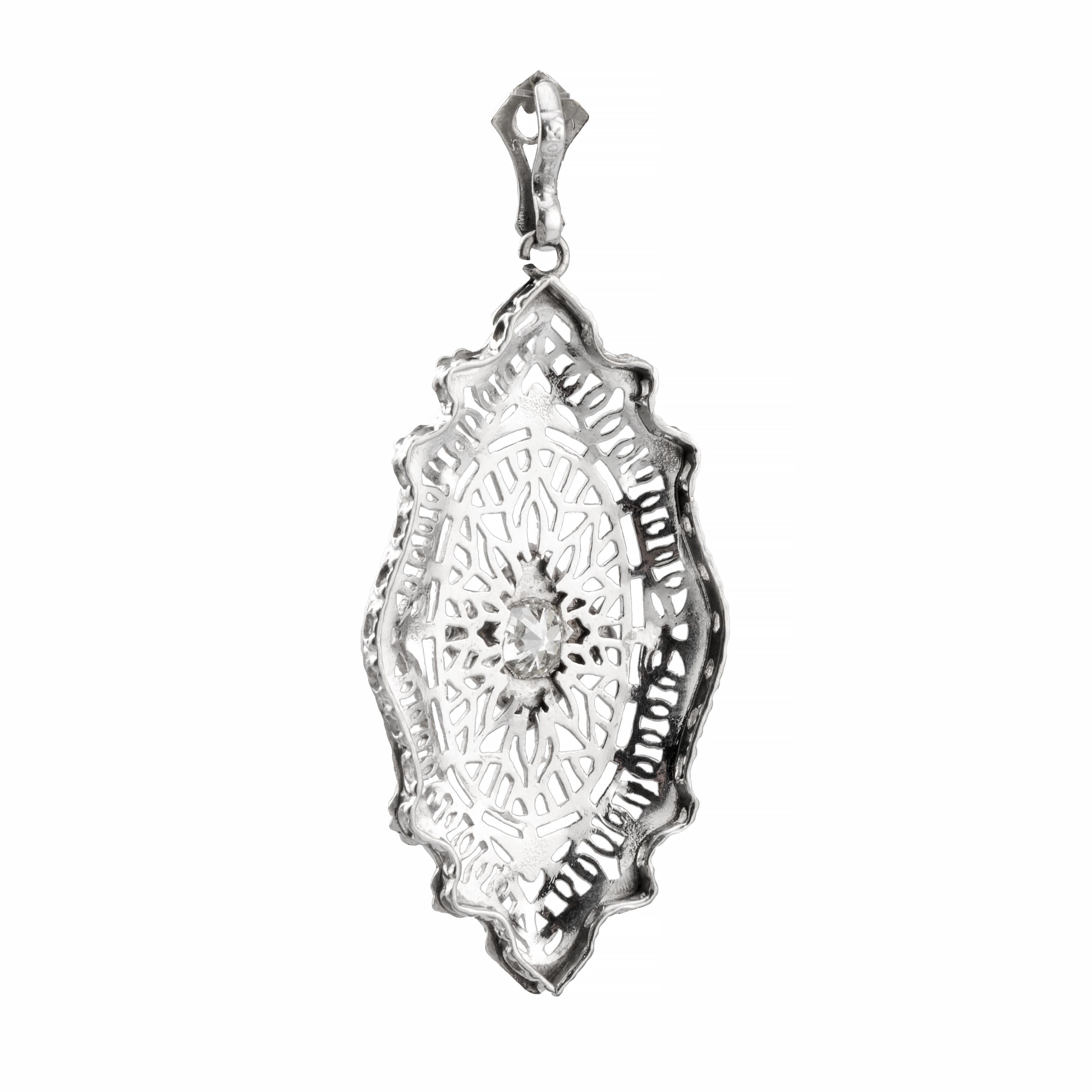 Women's Art Deco 0.40ct European Cut Diamond Filigree Pendant Necklace 14K White Gold For Sale