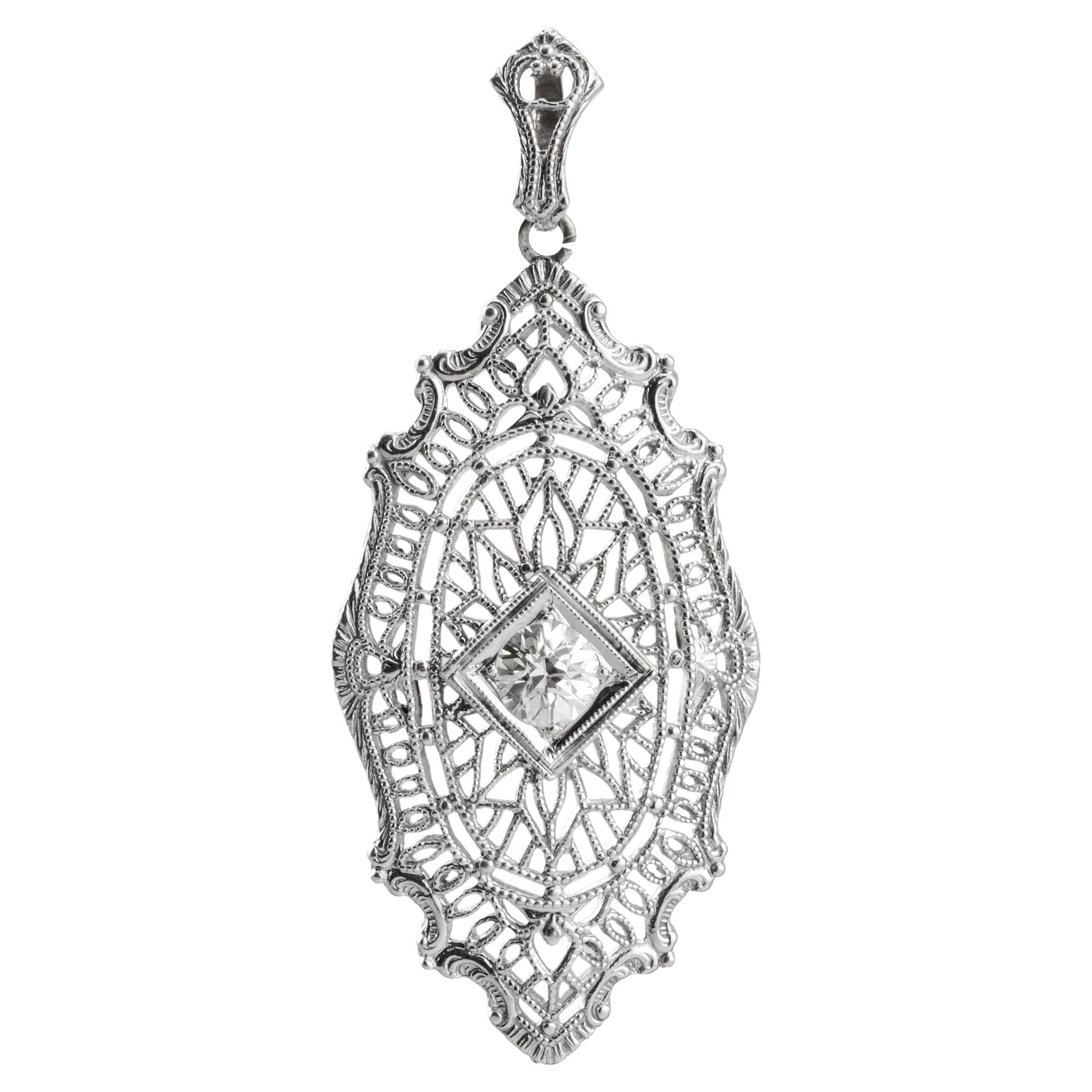 Art Deco 0.40ct European Cut Diamond Filigree Pendant Necklace 14K White Gold For Sale