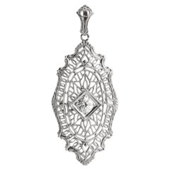 Art Deco 0.40ct European Cut Diamond Filigree Pendant Necklace 14K White Gold