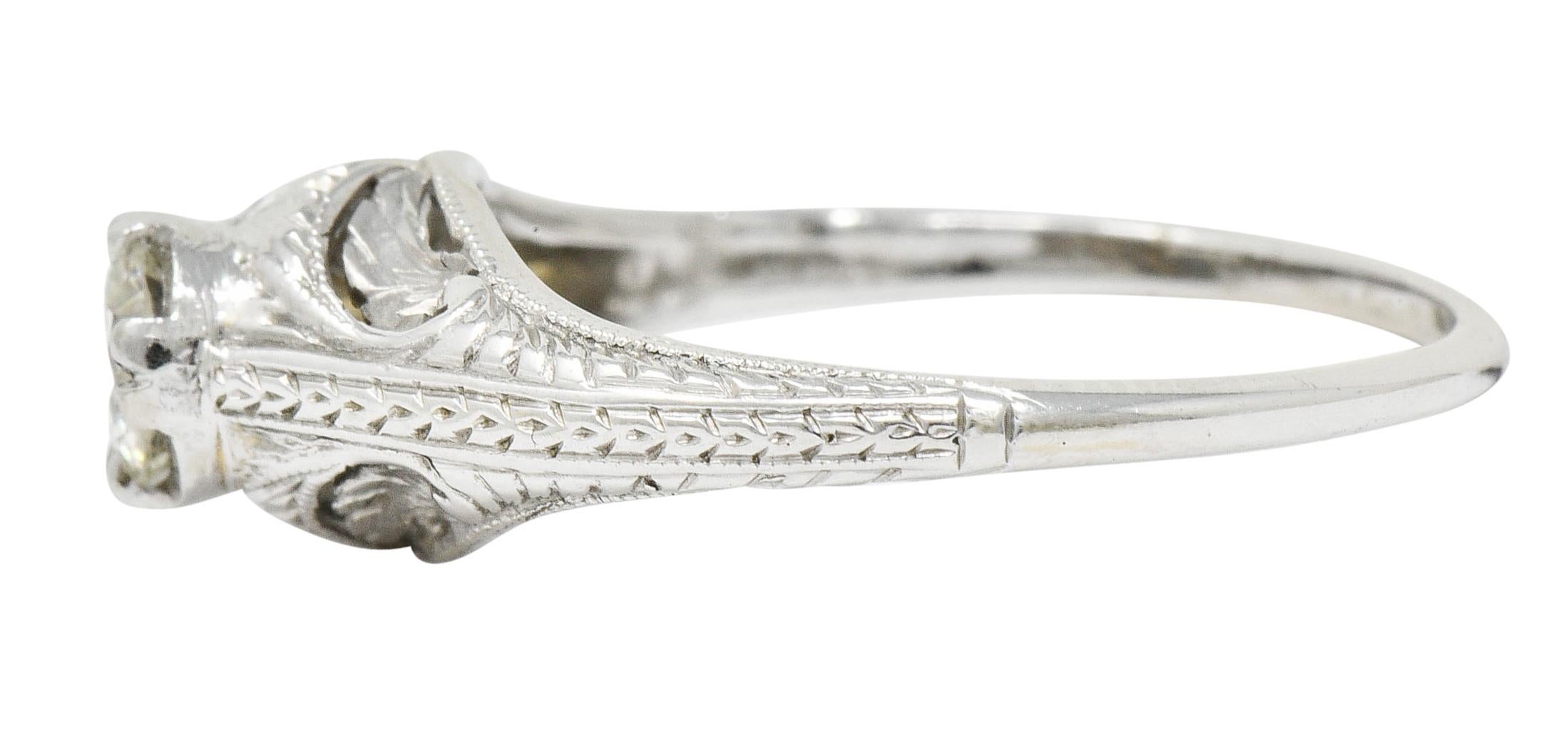Women's or Men's Art Deco 0.42 Carat Diamond Platinum Foliate Engagement Ring