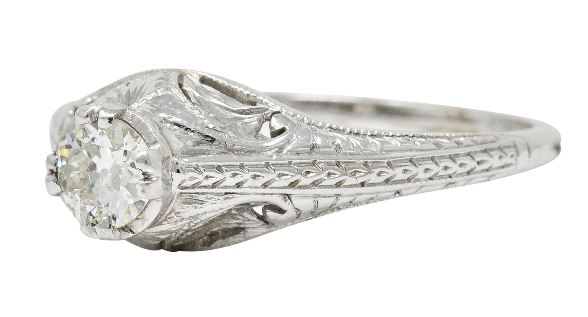 Art Deco 0.42 Carat Diamond Platinum Foliate Engagement Ring 1