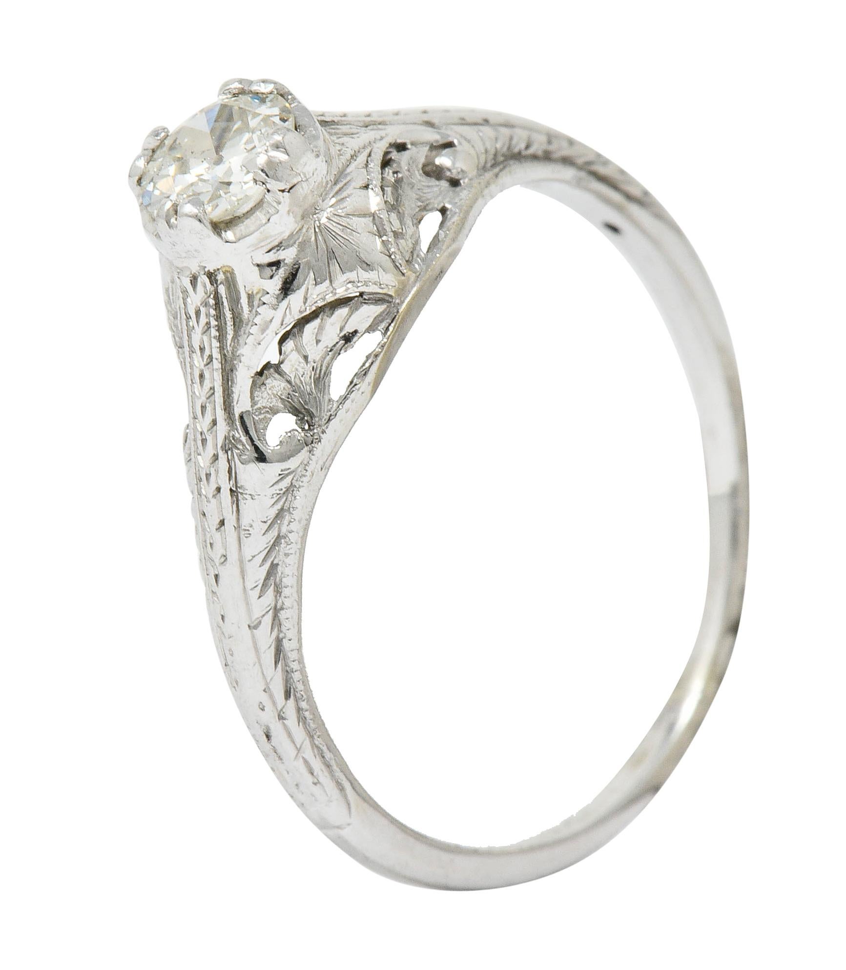 Art Deco 0.42 Carat Diamond Platinum Foliate Engagement Ring 4