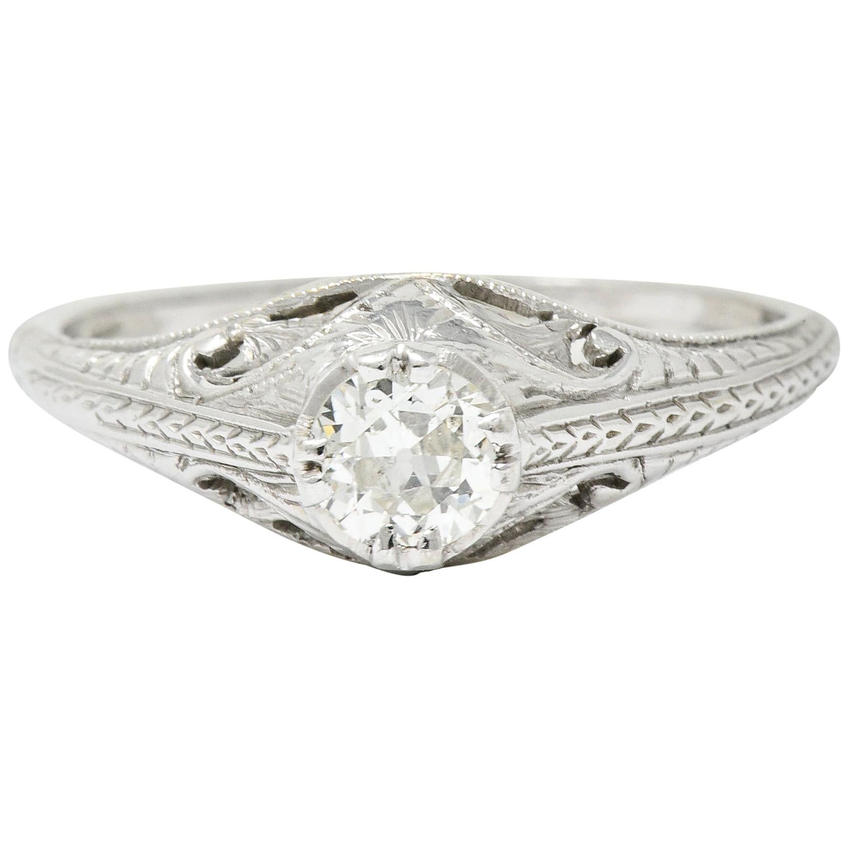 Art Deco 0.42 Carat Diamond Platinum Foliate Engagement Ring